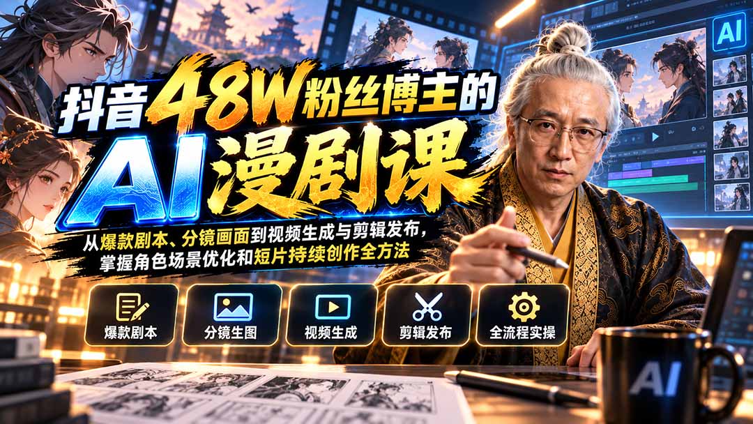 抖音48W粉丝博主的AI漫剧课：从爆款剧本、分镜画面到视频生成与剪辑发布，掌握角色场景优化和短片持续创作全方法-天韵资源网