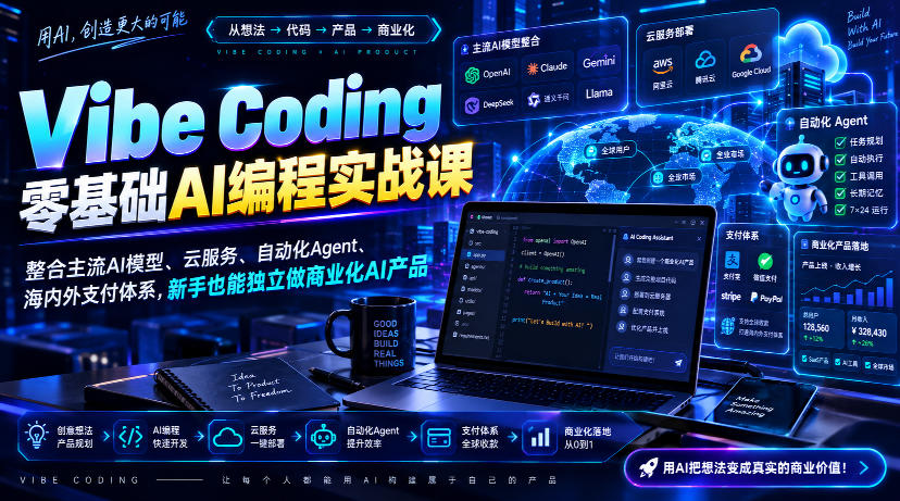 Vibe Coding零基础AI编程实战课-无水印，整合主流AI模型、云服务、自动化Agent、海内外支付体系，新手也能独立做商业化AI产品-天韵资源网