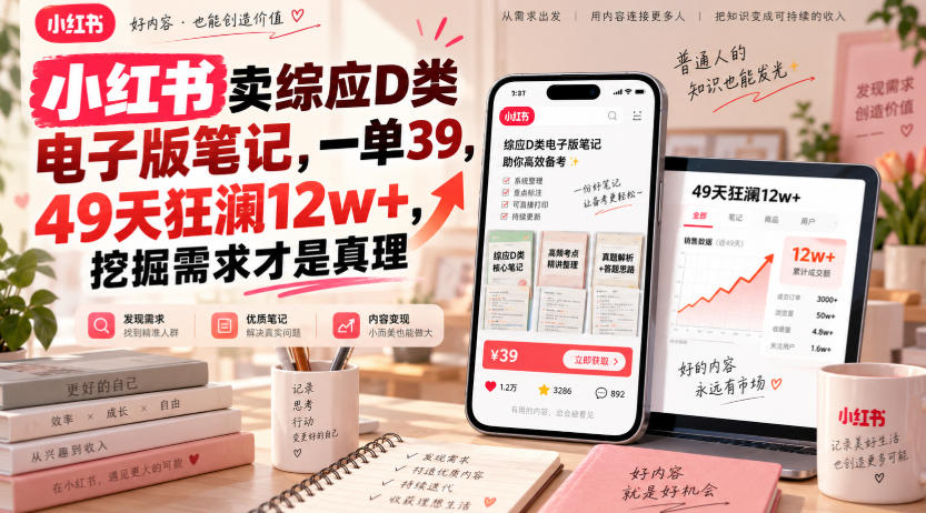 小红书卖综应D类电子版笔记，一单39，49天狂澜12w+，挖掘需求才是真理-天韵资源网