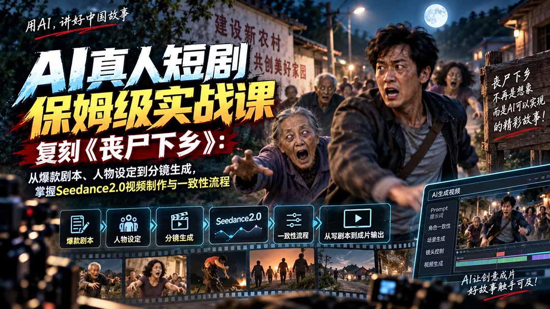 AI真人短剧保姆级实战课，复刻《丧尸下乡》：从爆款剧本、人物设定到分镜生成，掌握Seedance2.0视频制作与一致性流程-天韵资源网