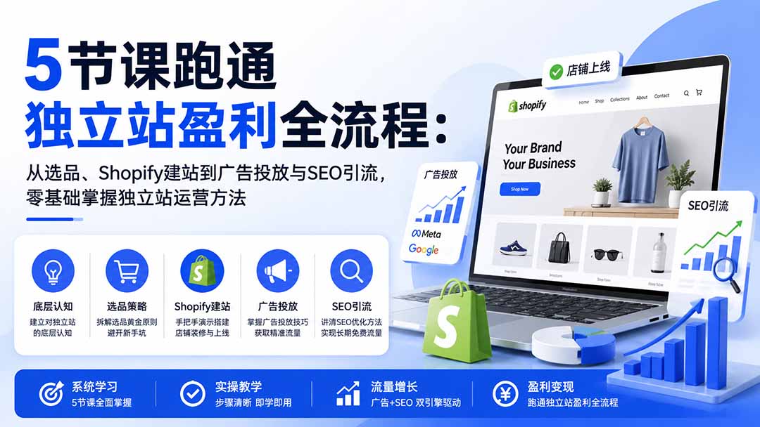 图片[1]-5节课跑通独立站盈利全流程：从选品、Shopify建站到广告投放与SEO引流，零基础掌握独立站运营方法-天韵资源网