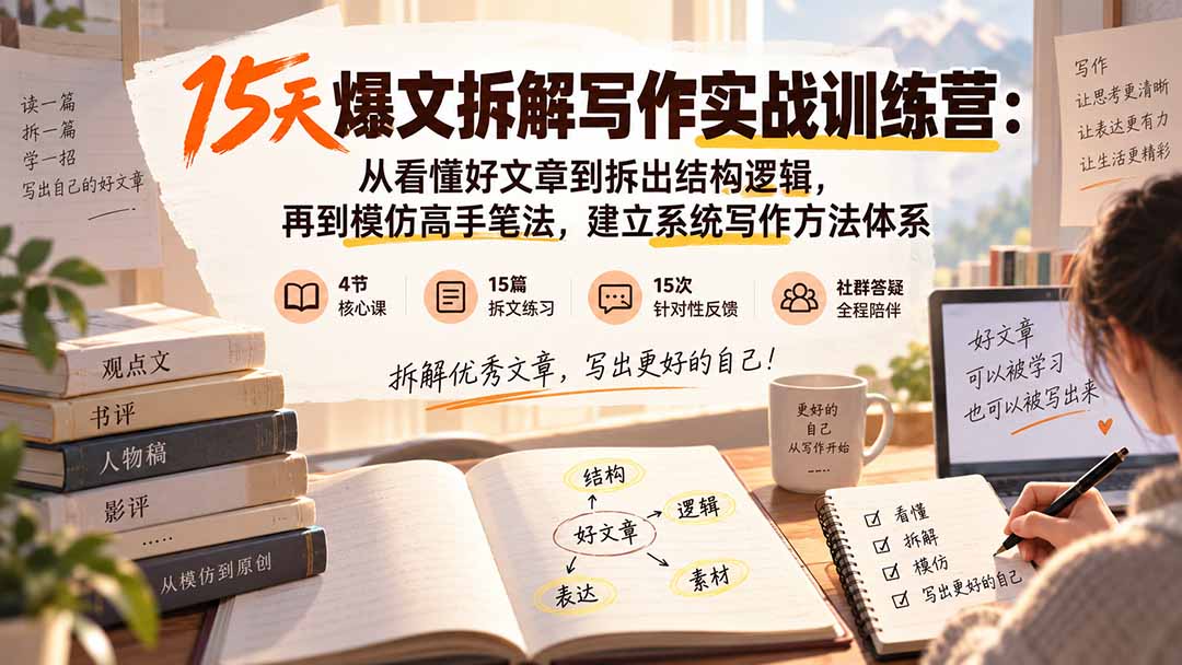 15天爆文拆解写作实战训练营：从看懂好文章到拆出结构逻辑，再到模仿高手笔法，建立系统写作方法体系-天韵资源网