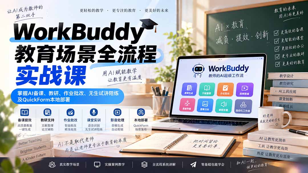WorkBuddy教育场景全流程实战课：掌握AI备课、教研、作业批改、无生试讲陪练及QuickForm本地部署-天韵资源网