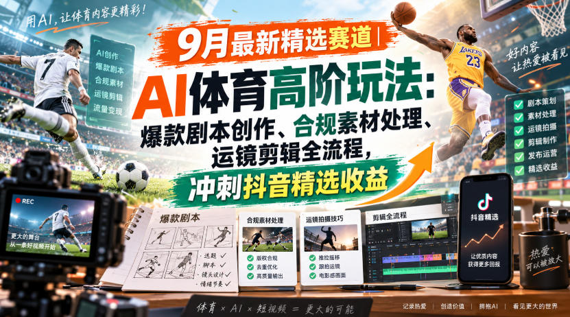 某大佬的9月最新精选赛道之AI体育顶级玩法，爆款剧本创作、版权规避、运镜剪辑全流程，稳拿抖音精选收益-天韵资源网
