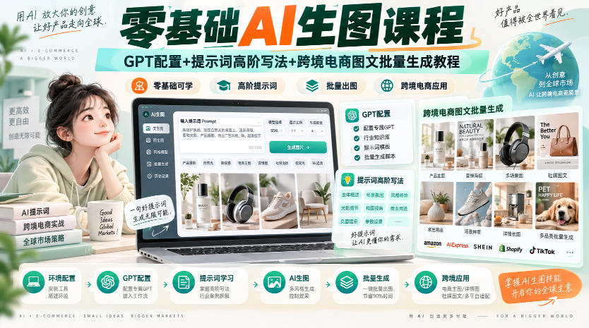 零基础AI生图课程，GPT配置+提示词高阶写法+跨境电商图文批量生成教程-天韵资源网