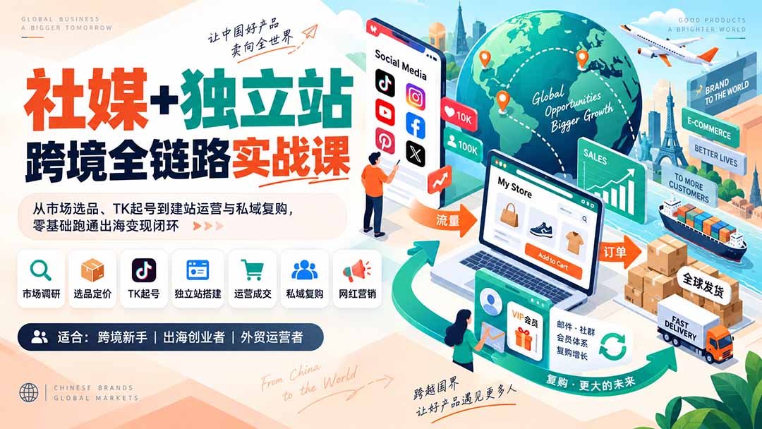 社媒+独立站跨境全链路实战课：从市场选品、TK起号到建站运营与私域复购，零基础跑通出海变现闭环-天韵资源网