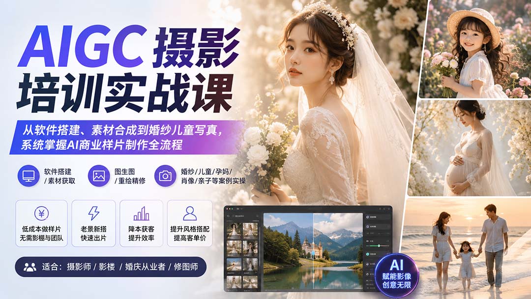 AIGC摄影培训实战课：从软件搭建、素材合成到婚纱儿童写真，系统掌握AI商业样片制作全流程-天韵资源网