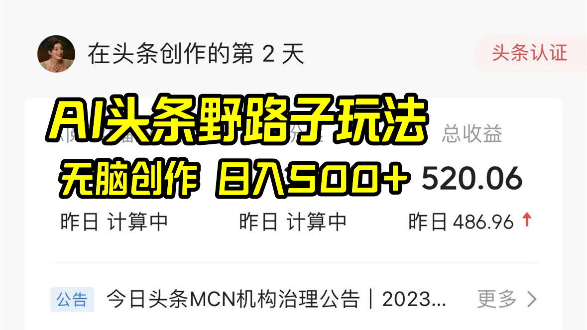 AI头条野路子玩法，无脑创作，日入500+-天韵资源网