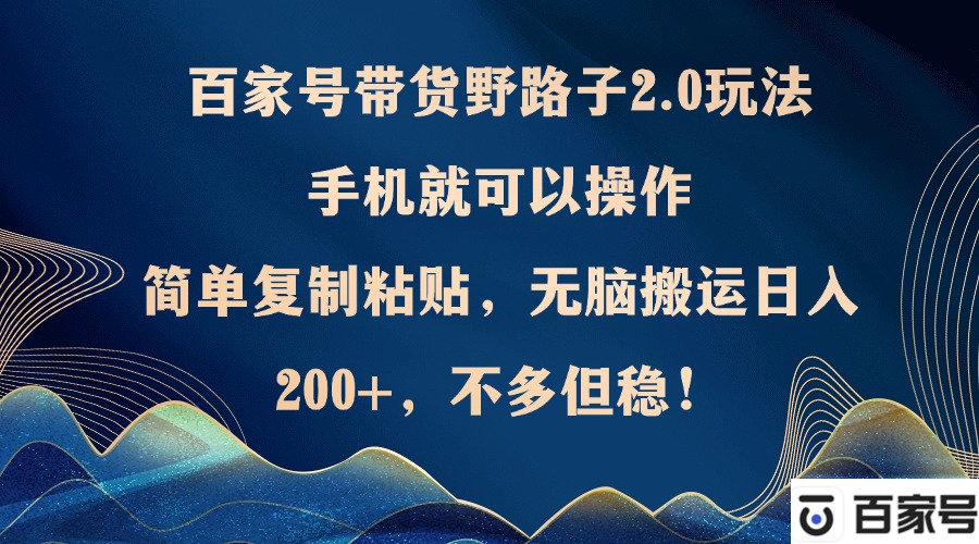 百家号带货野路子2.0玩法，手机就可以操作，简单复制粘贴，无脑搬运日…-天韵资源网