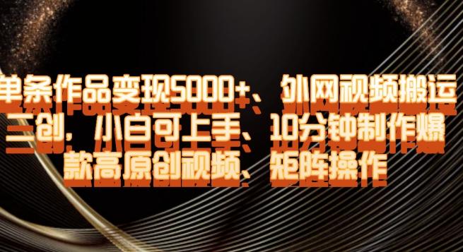单条作品变现5000+、外网视频搬运二创，小白可上手，10分钟制作爆款高原创视频，矩阵操作【揭秘】-天韵资源网