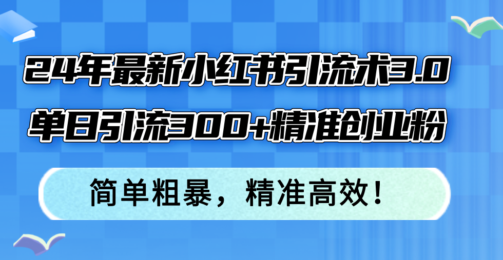 24年最新小红书引流术3.0，单日引流300+精准创业粉，简单粗暴，精准高效！-天韵资源网