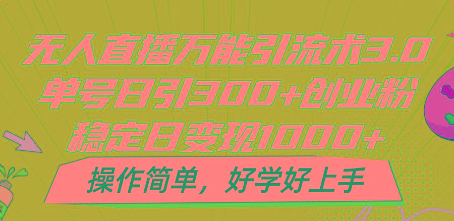 无人直播万能引流术3.0，单号日引300+创业粉，稳定日变现1000+，操作简单-天韵资源网