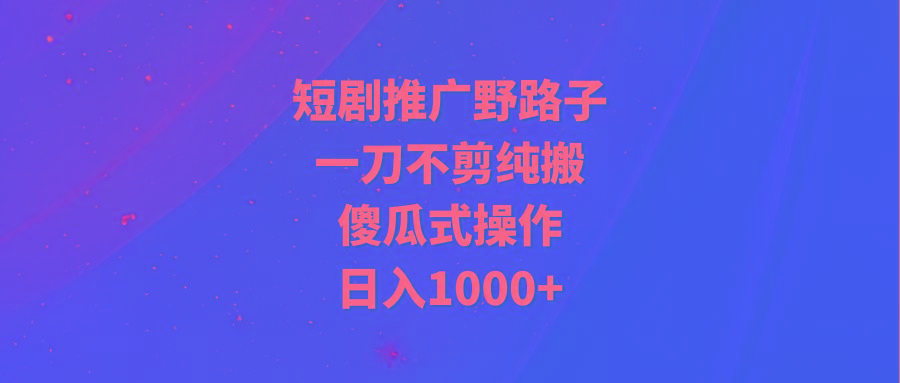 (9586期)短剧推广野路子，一刀不剪纯搬运，傻瓜式操作，日入1000+-天韵资源网