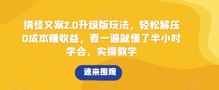 搞怪文案2.0升级版玩法，轻松解压0成本赚收益，看一遍就懂了半小时学会，实操教学【揭秘】-天韵资源网