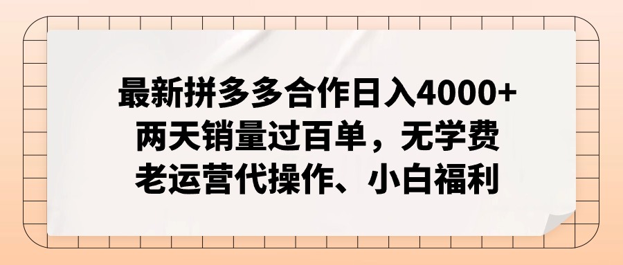 拼多多最新合作日入4000+两天销量过百单，无学费、老运营代操作、小白福利-天韵资源网