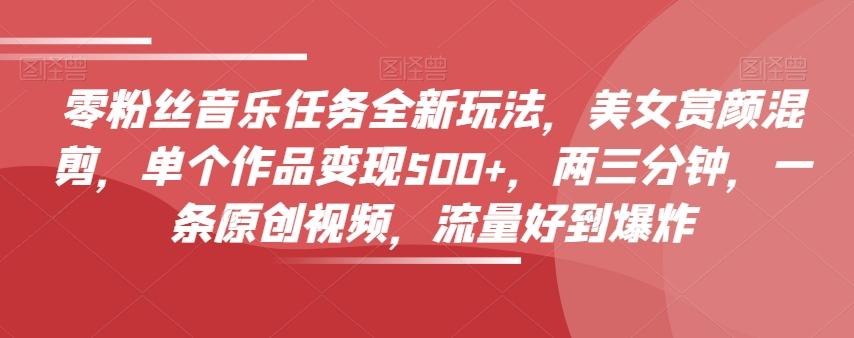 零粉丝音乐任务全新玩法，美女赏颜混剪，单个作品变现500+，两三分钟，一条原创视频，流量好到爆炸-天韵资源网