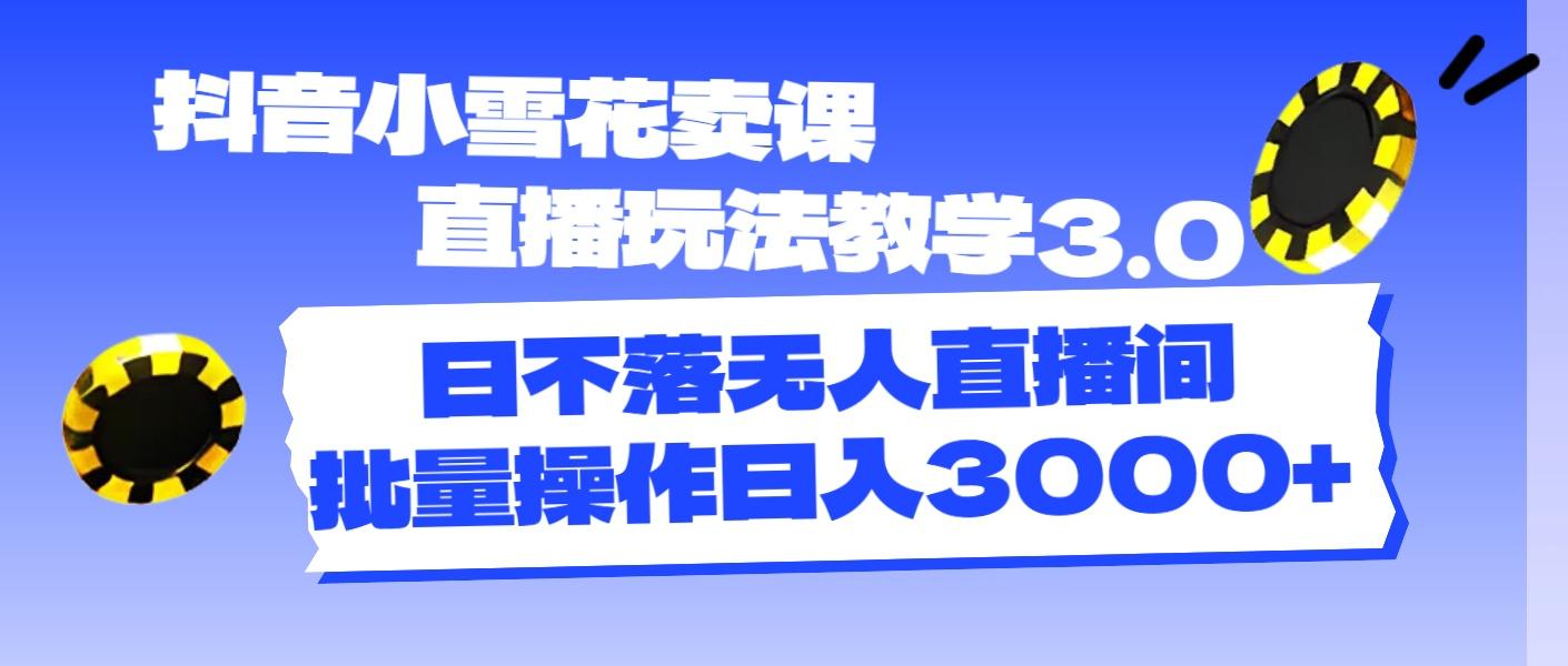 抖音小雪花卖课直播玩法教学3.0，日不落无人直播间，批量操作日入3000+-天韵资源网