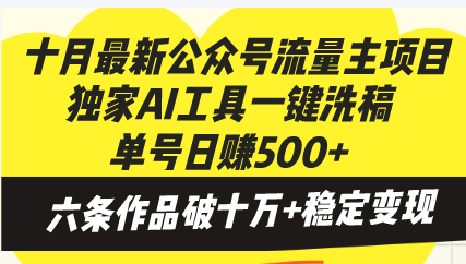 十月最新公众号流量主项目，独家AI工具一键洗稿单号日赚500+，六条作品…-天韵资源网