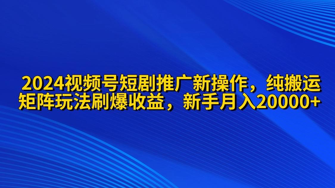 (9916期)2024视频号短剧推广新操作 纯搬运+矩阵连爆打法刷爆流量分成 小白月入20000-天韵资源网