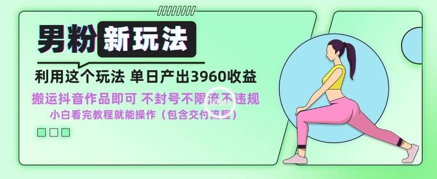 男粉新玩法小白一天也能有3960的收益，不违规不封号不限流，操作当天就能出单【揭秘】-天韵资源网