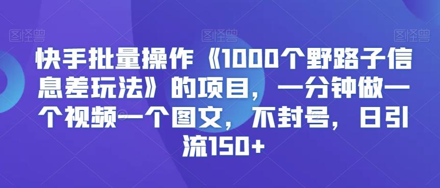 快手批量操作《1000个野路子信息差玩法》的项目，一分钟做一个视频一个图文，不封号，日引流150+【揭秘】-天韵资源网