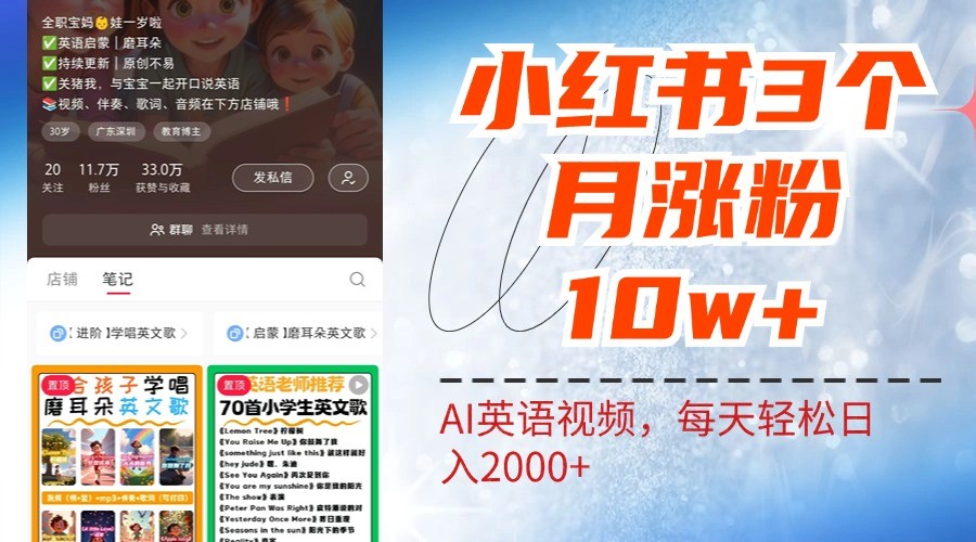 小红书三个月涨粉10W，AI英语视频0成本制作，每天轻松日入2000+-天韵资源网