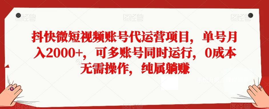 抖快微短视频账号代运营项目，单号月入2000+，可多账号同时运行，0成本无需操作，纯属躺赚【揭秘】-天韵资源网