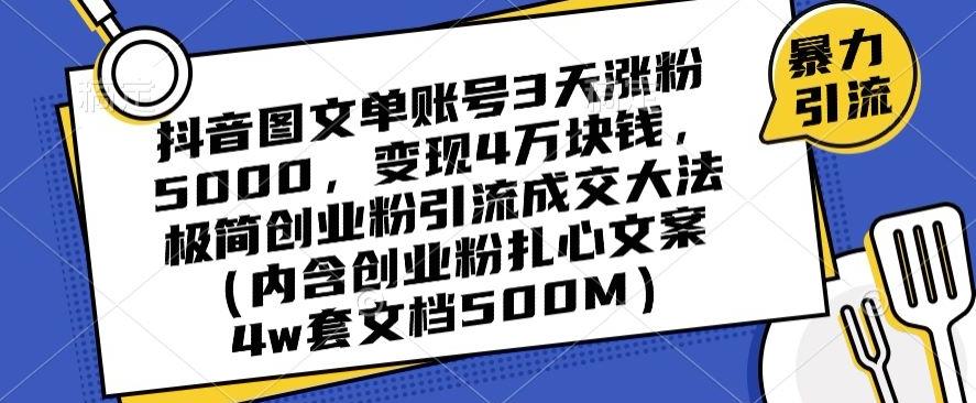 抖音图文单账号3天涨粉5000，变现4万块钱，极简创业粉引流成交大法-天韵资源网