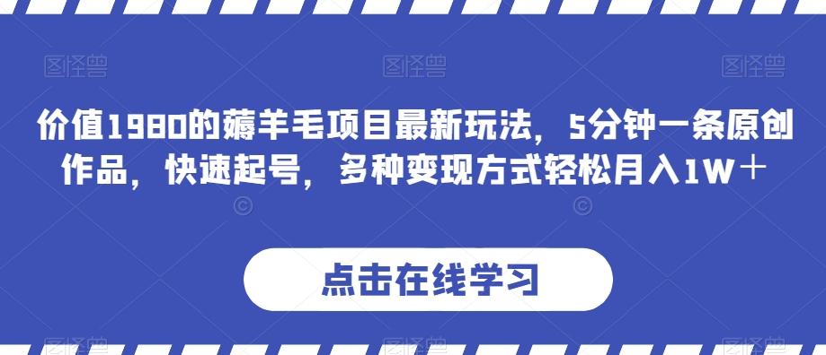 价值1980的薅羊毛项目最新玩法，5分钟一条原创作品，快速起号，多种变现方式轻松月入1W＋【揭秘】-天韵资源网
