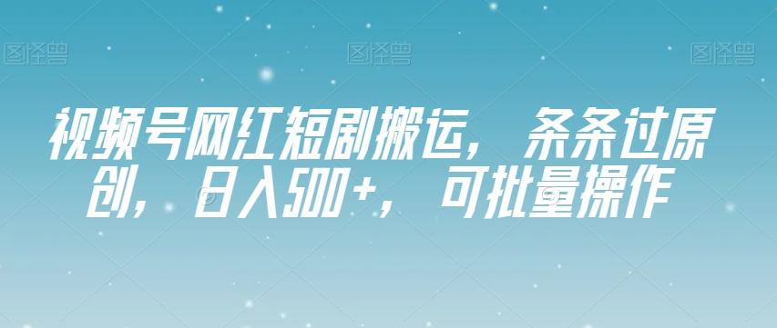 视频号网红短剧搬运，条条过原创，日入500+，可批量操作【揭秘】-天韵资源网