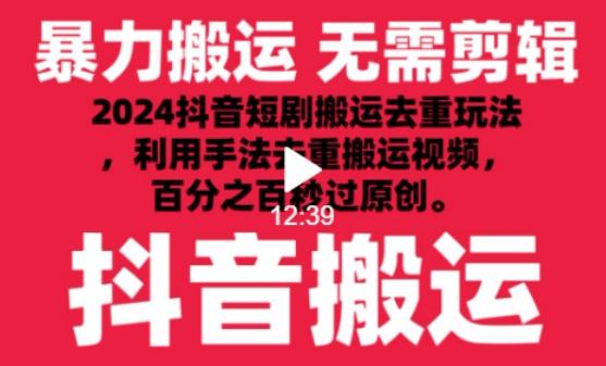 2024最新抖音搬运技术，抖音短剧视频去重，手法搬运，利用工具去重，达到秒过原创的效果【揭秘】-天韵资源网