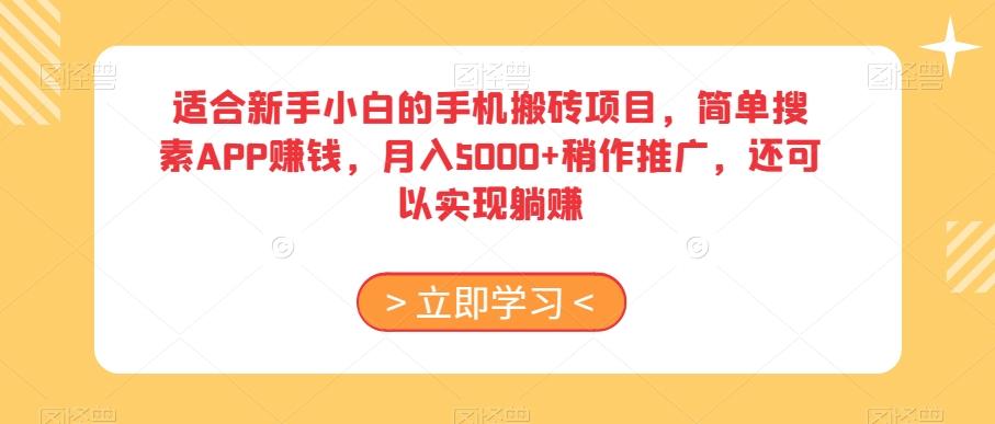 适合新手小白的手机搬砖项目，简单搜素APP赚钱，月入5000+稍作推广，还可以实现躺赚【揭秘】-天韵资源网