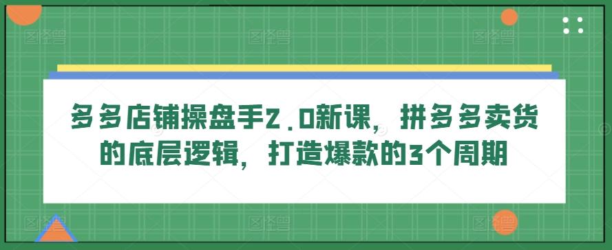 多多店铺操盘手2.0新课，拼多多卖货的底层逻辑，打造爆款的3个周期-天韵资源网