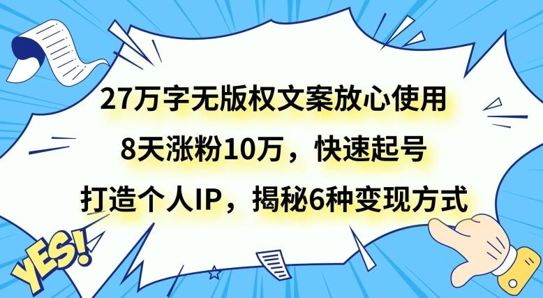 27万字无版权文案放心使用，8天涨粉10万，快速起号，打造个人IP，揭秘6种变现方式-天韵资源网
