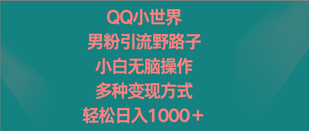 QQ小世界男粉引流野路子，小白无脑操作，多种变现方式轻松日入1000＋-天韵资源网