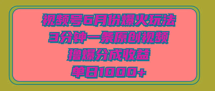 视频号6月份爆火玩法，3分钟一条原创视频，撸爆分成收益，单日1000+-天韵资源网