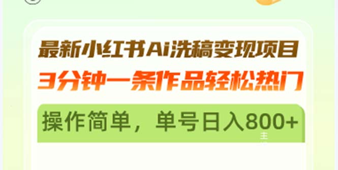 最新小红书Ai洗稿变现项目 3分钟一条作品轻松热门 操作简单，单号日入800+-天韵资源网