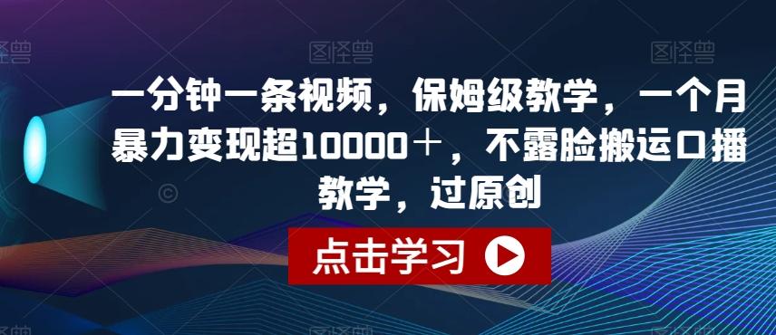 一分钟一条视频，保姆级教学，一个月暴力变现超10000＋，不露脸搬运口播教学，过原创-天韵资源网