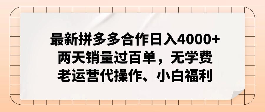 最新拼多多合作日入4000+两天销量过百单，无学费、老运营代操作、小白福利-天韵资源网