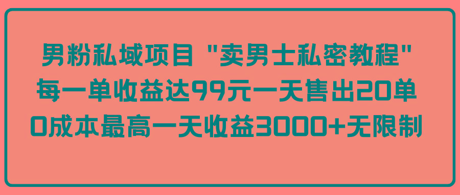 (9730期)男粉私域项目 “卖男士私密教程” 每一单收益达99元一天售出20单-天韵资源网